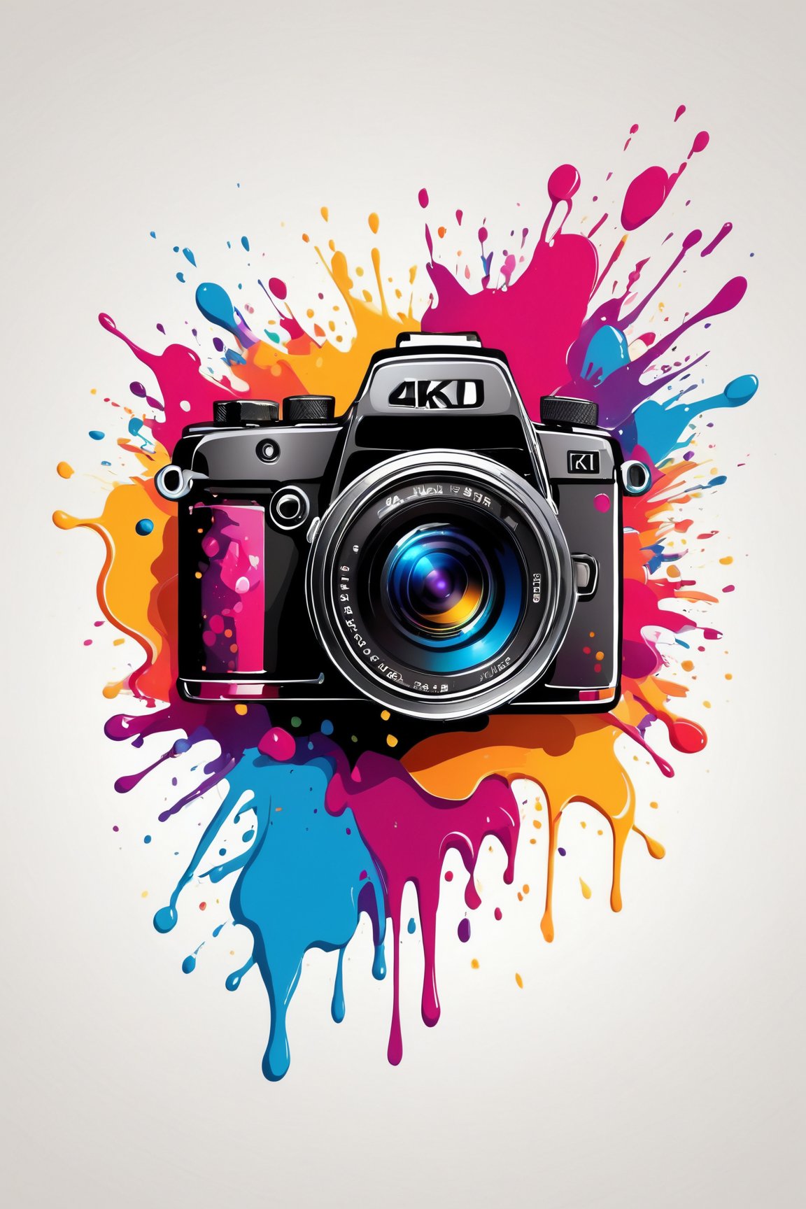 (best quality, 4k, 8k, highres, masterpiece:1.2), ultra-detailed,T-shirt design,illustration, a camera with colorful paint splatters around it on a black background with a splash of paint,vector illustration,white background