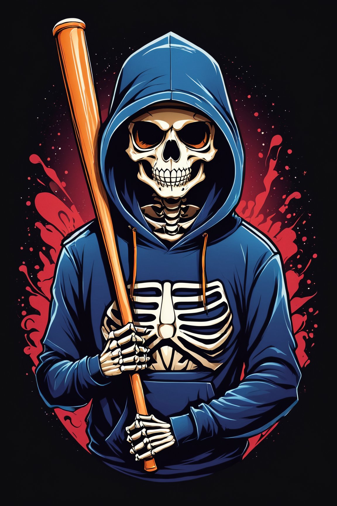 (best quality, 4k, 8k, highres, masterpiece:1.2), ultra-detailed,T-shirt design,illustration, a skeleton in a hoodie holding a baseball bat and wearing a hoodie with a hood,vector illustration,black background