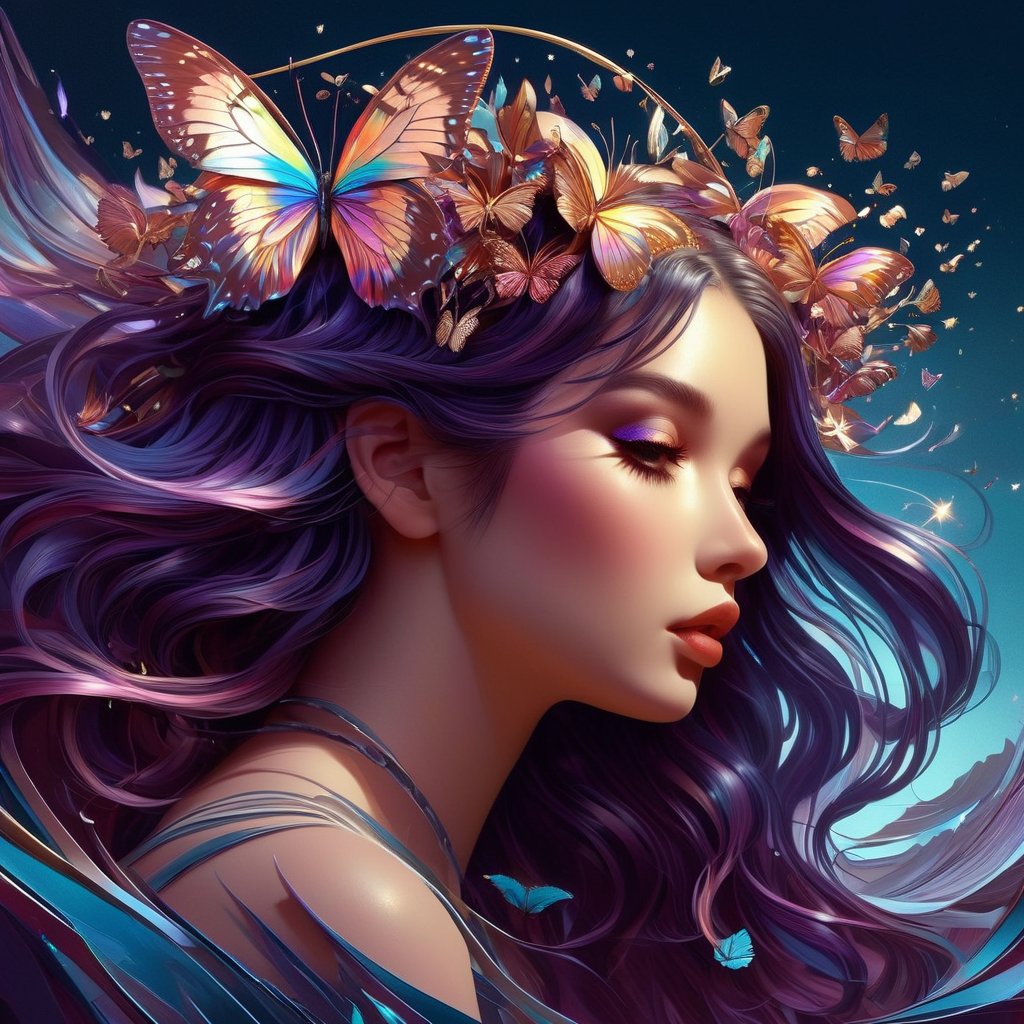 ((Showcase ever-shifting, lustrous hues that dance across surfaces, capturing the enchantment and magic of iridescent textures)), a painting of a woman with butterflies in her hair, digital art, inspired by WLOP, digital art, martin ansin, 8k resolution digital painting, detailed painting 4 k, nft art, digital art of an elegant, cute detailed digital art, trending on artstration, lei min, butterfly,d1p5comp_style