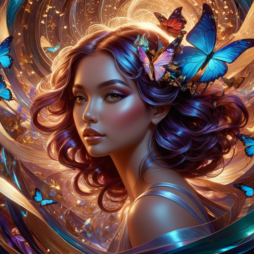 ((Showcase ever-shifting, lustrous hues that dance across surfaces, capturing the enchantment and magic of iridescent textures)), a painting of a woman with butterflies in her hair, digital art, inspired by WLOP, digital art, martin ansin, 8k resolution digital painting, detailed painting 4 k, nft art, digital art of an elegant, cute detailed digital art, trending on artstration, lei min, butterfly, illustrated d1p5comp_style,d1p5comp_style