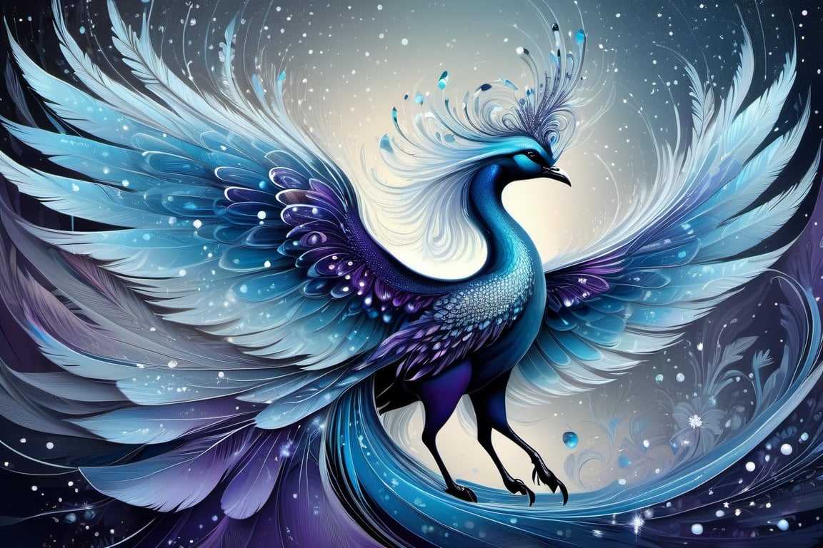 The abstract silhouette of a beautiful ice phoenix
art by kajenna, 
background black blue,
wearing a long feathertrain composed of ice fractals and a hind of tiny earlyflowerbuds, glittering ice,
pearly blue, silver, black, purple, white,,
iridescent, pearlescent, bioluminescent,
with a glitter effect, 
intricate and delicate 5D details, 
lots of contrast and high quality HD, 
well drawn, radial design perfect composition,  fantasycore art by Android Jones, Gil Elvgren, Carne Griffiths, Victo Ngai, Amanda Clark,
perfect design,
Photorealistic hands, photorealistic face
Illustrated flow in d1p5comp_style
