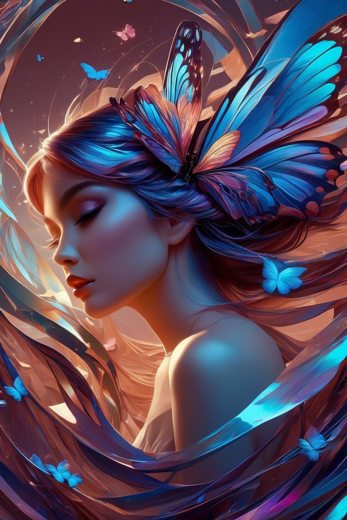 ((Showcase ever-shifting, lustrous hues that dance across surfaces, capturing the enchantment and magic of iridescent textures)), a painting of a woman with butterflies in her hair, digital art, inspired by WLOP, digital art, martin ansin, 8k resolution digital painting, detailed painting 4 k, nft art, digital art of an elegant, cute detailed digital art, trending on artstration, lei min, butterfly,d1p5comp_style