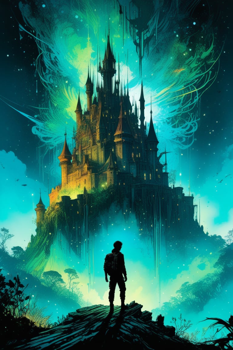 Silhouette of an explorer looking at a Castle in the sky, graphic novel, bioluminescent_nebula_glow | key visual| intricate detail| highly detailed| breathtaking| vibrant| panoramic| cinematic| Carne Griffiths| Conrad Roset| Makoto Shinkai,d1p5comp_style