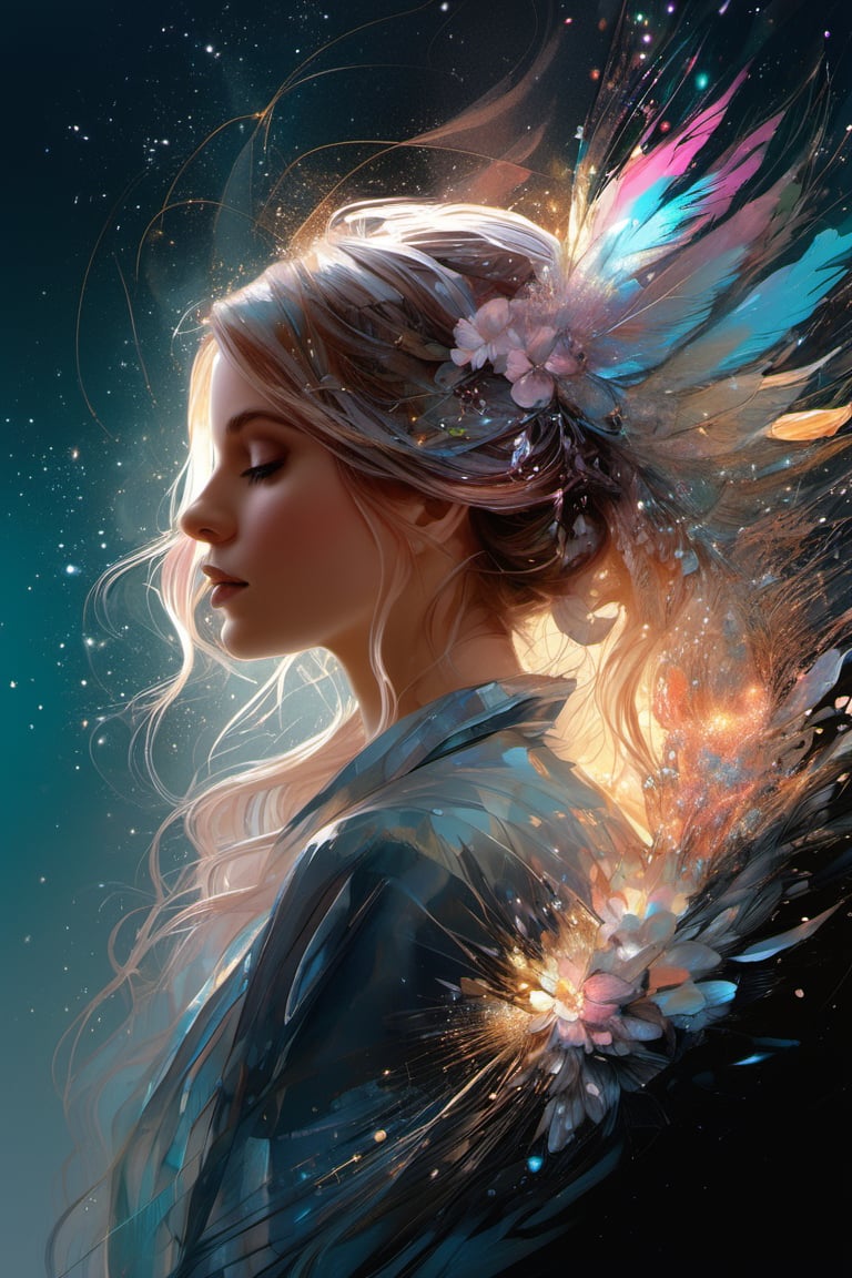 starting out hopeful, dream come true, portrait, gorgeous : shiny aura : highly detailed : intricate motifs : organic tracery : by ross tran, Android jones : Carne Griffiths : Russ mills : Januz Miralles : Hikari Shimoda : W. Zelmer : slawomir maniak, perfect composition : digital painting : artstation : smooth : sharp focus : sparkling particles,Decora_SWstyle,d1p5comp_style