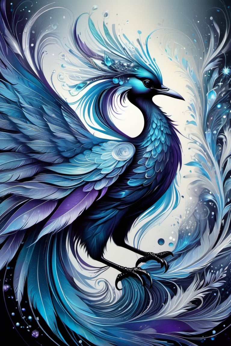 The abstract silhouette of a beautiful ice phoenix
art by kajenna, 
background black blue,
wearing a long feathertrain composed of ice fractals and a hind of tiny earlyflowerbuds, glittering ice,
pearly blue, silver, black, purple, white,,
iridescent, pearlescent, bioluminescent,
with a glitter effect, 
intricate and delicate 5D details, 
lots of contrast and high quality HD, 
well drawn, radial design perfect composition,  fantasycore art by Android Jones, Gil Elvgren, Carne Griffiths, Victo Ngai, Amanda Clark,
perfect design,
Photorealistic hands, photorealistic face
Illustrated flow in d1p5comp_style