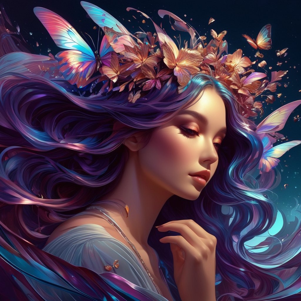 ((Showcase ever-shifting, lustrous hues that dance across surfaces, capturing the enchantment and magic of iridescent textures)), a painting of a woman with butterflies in her hair, digital art, inspired by WLOP, digital art, martin ansin, 8k resolution digital painting, detailed painting 4 k, nft art, digital art of an elegant, cute detailed digital art, trending on artstration, lei min, butterfly,d1p5comp_style