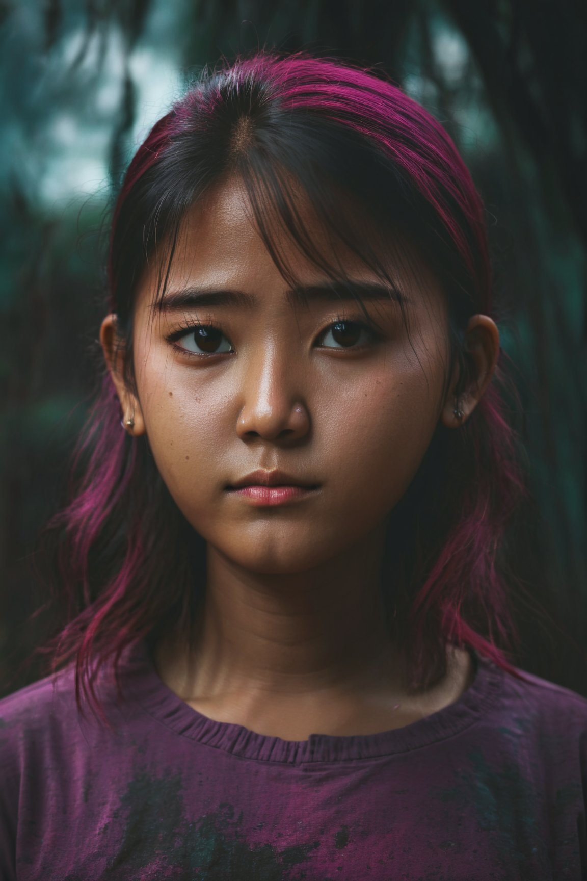 dark moody atmosphere,dark and moody,Generate a high-resolution, detailed, and colorful image that captures an 18-year-old cambodian Girl with a Micro Bangs hairstyle and magenta tinted hair. Her youthful energy and vibrant character should be particularly emphasized, making her the radiant centerpiece of the image. The background should depict a captivating landscape or scene that draws the viewer's attention to the girl. Optimize the lighting and composition to make the image particularly appealing and aesthetically pleasing. The image should be a masterful digital painting reminiscent of the quality and style of renowned artists.
