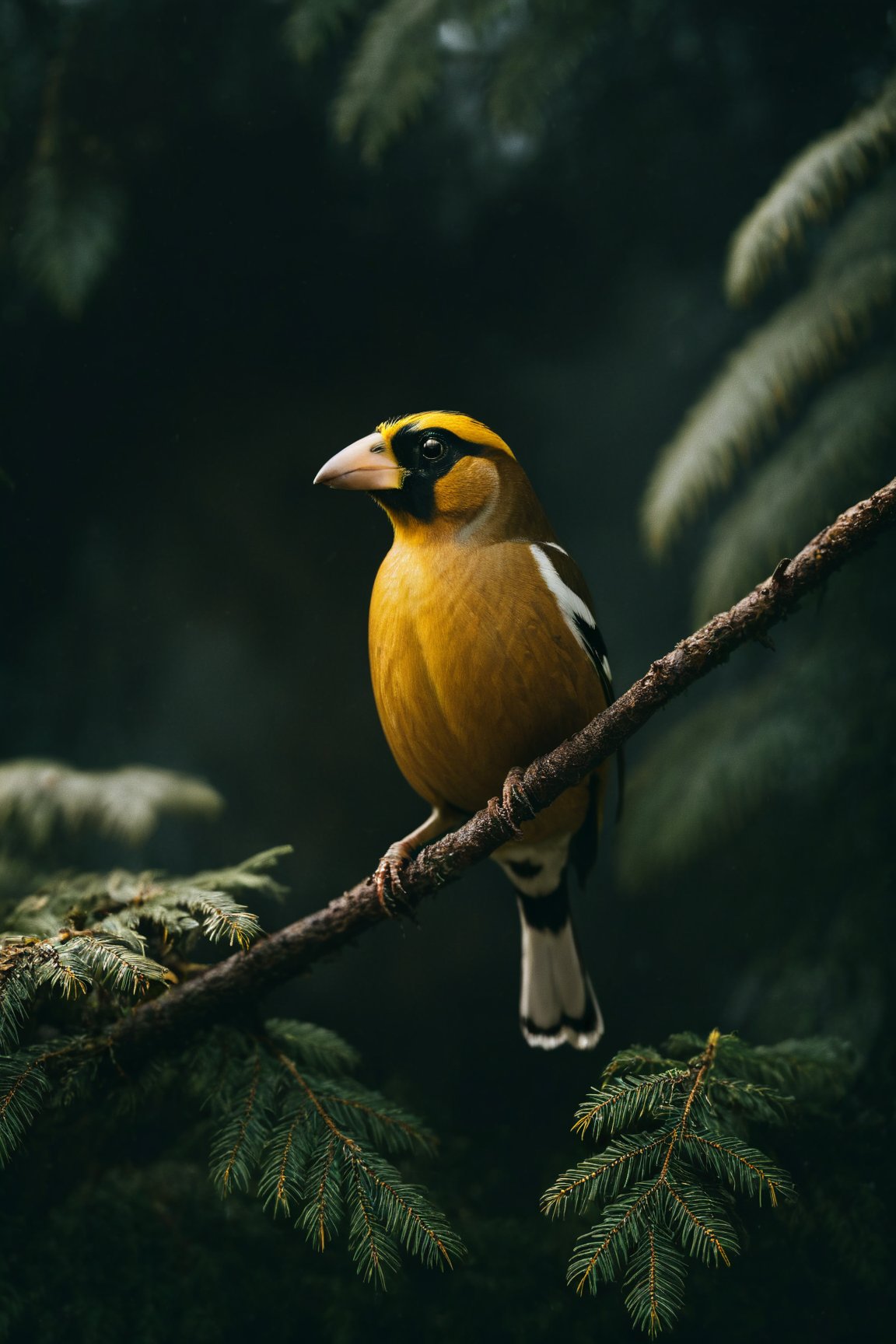 dark moody atmosphere,dark and moody,National Geography, Award winning pan shot of a Evening Grosbeak in the wild, full-body, atmospheric lighting. by pascal julio and nadine albuquerque, 2000s vintage RAW photo, photorealistic, film grain, candid camera, color graded cinematic, eye catchlights, atmospheric lighting, imperfections, natural, shallow dof, High level of detail to create a photographic-like image, focusing on lighting, realistic textures, hyperdetailed.

