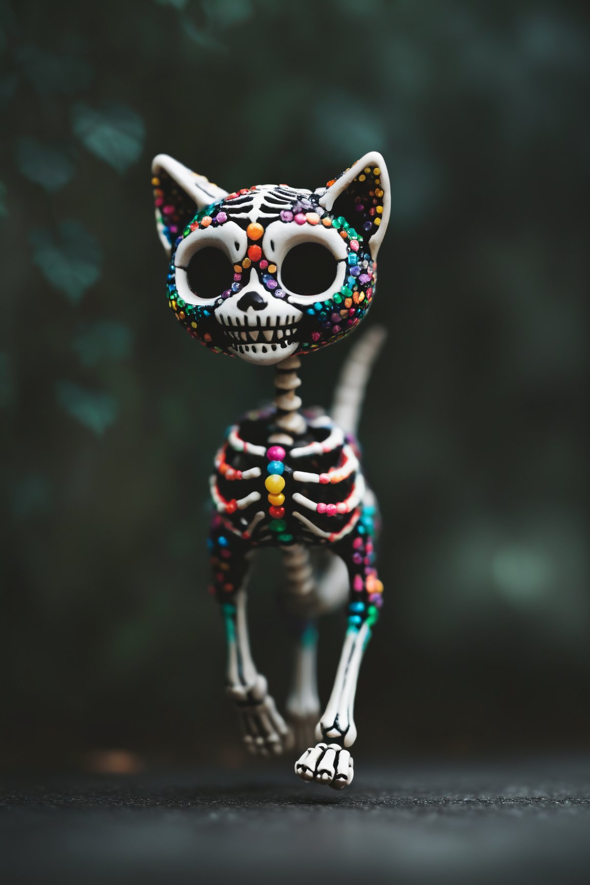 dark moody atmosphere a cute colorful chibi skeleton cat running toward the viewer, bokeh blur background, insanely intricate details, (masterpiece), breathtaking natures art work<