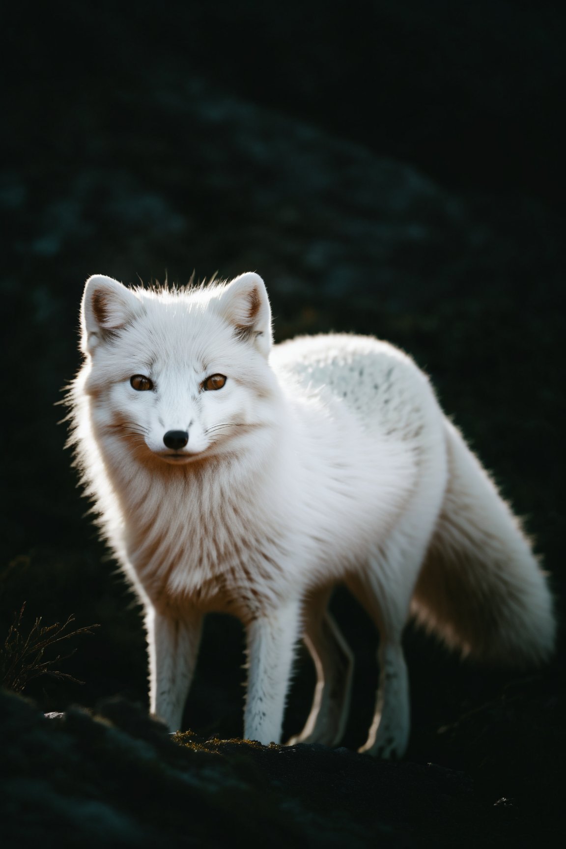 dark moody atmosphere,medium long shot wildlife photo of a arctic fox in its natural habitat, evocative lighting, breathtaking, environment, exquisite composition, 8k UHD, award-winning, highly detailed, sharp focus, depicting a fantasy for a prophesy, the curse of a vivid mind,