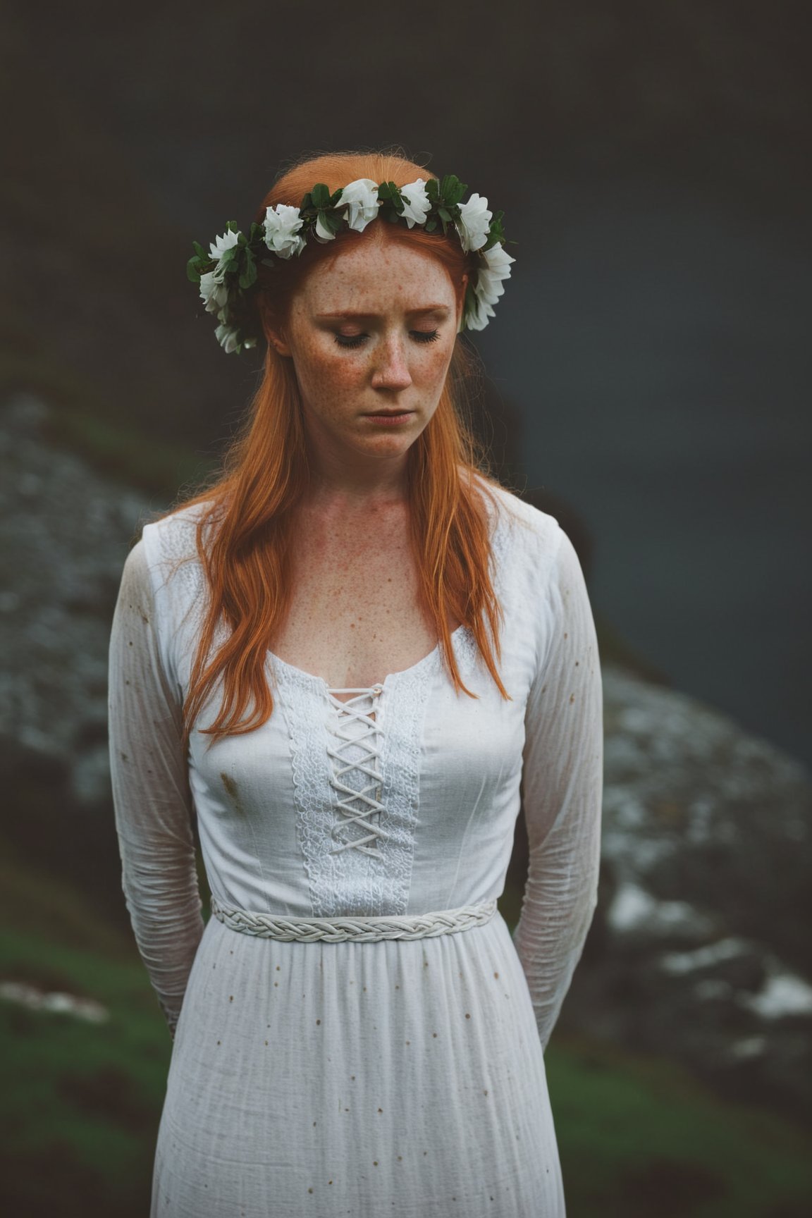 dark moody atmosphere,(best quality, detailed), an Irish woman, looking to the side, freckles, ginger hair, long hair, head wreath, celtic knots, white dress, (dark, foggy, dimly lit, silhouette:1.2), stone ruins, coastal hills,