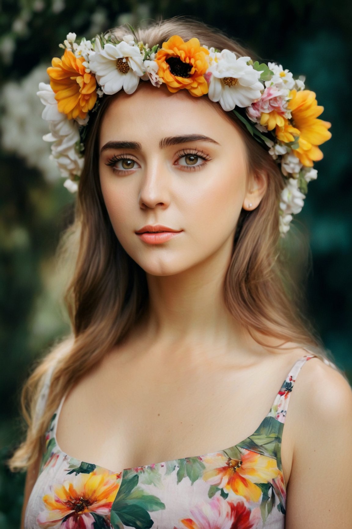 dark moody atmosphere (best quality, highres, ultra-detailed, realistic:1.37), a woman with a flower crown on her head, beautiful detailed eyes, beautiful detailed lips, long eyelashes, looking away, soft summer lighting, vibrant colors, textured oil painting style, a garden in the background, blooming flowers, flowing colorful skirt, gentle breeze, peaceful atmosphere