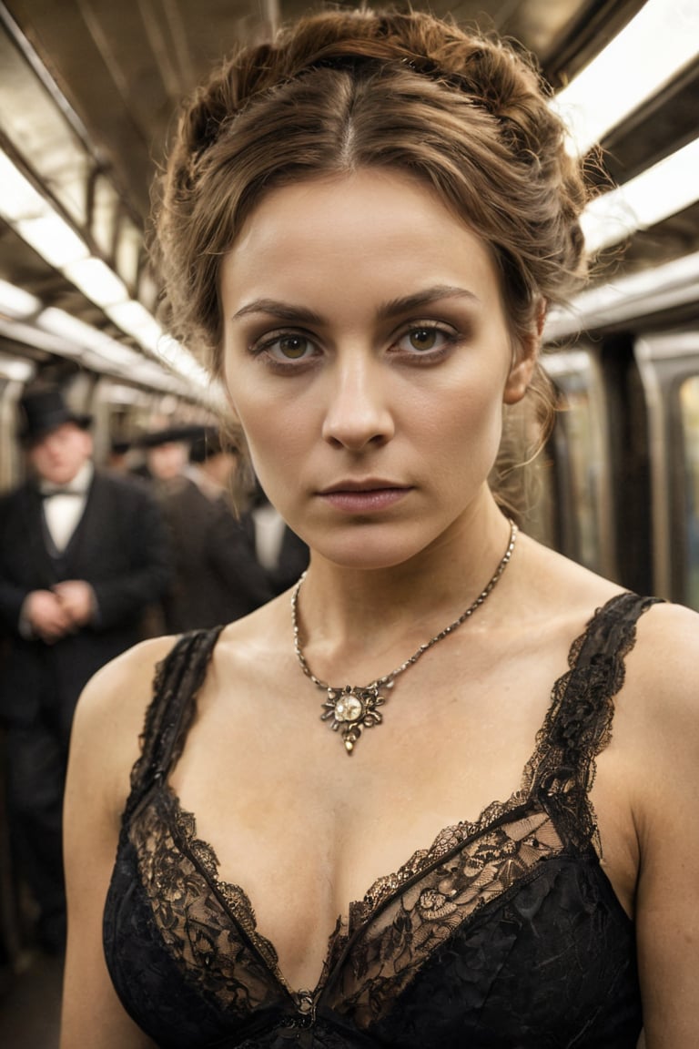 RAW Photo, victorian woman in 1890s london underground, (lascivious:1.3) look, sharp focus, high key lighting, ray scattering, sodium lights, ((perfecteyes)), eyes, lightroom tips, photoshop tips, on-site lighting tips