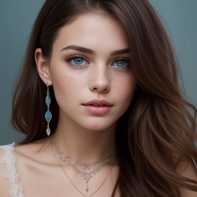 Generate hyper realistic image of a beautiful woman with long, brown hair cascading down, her captivating blue eyes locked onto the viewer. Adorned with delicate jewelry, she showcases her upper body, with parted lips and a subtle necklace drawing attention. The background is artfully blurred, emphasizing her freckles and creating a realistic and enchanting atmosphere.