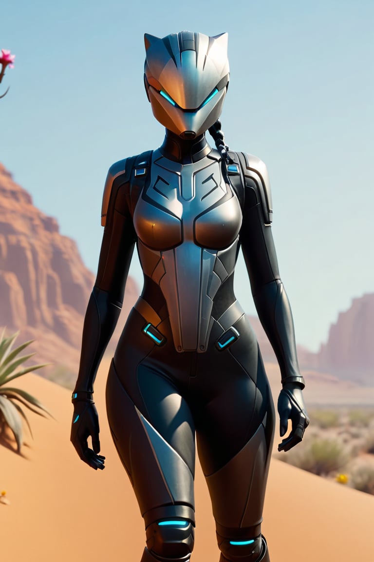 Cinematic still frame of FortniteLynx walking in the on a desert planet, , science ficiton, by james cameron, black suit, photorealistic, lens blooming,xLynx