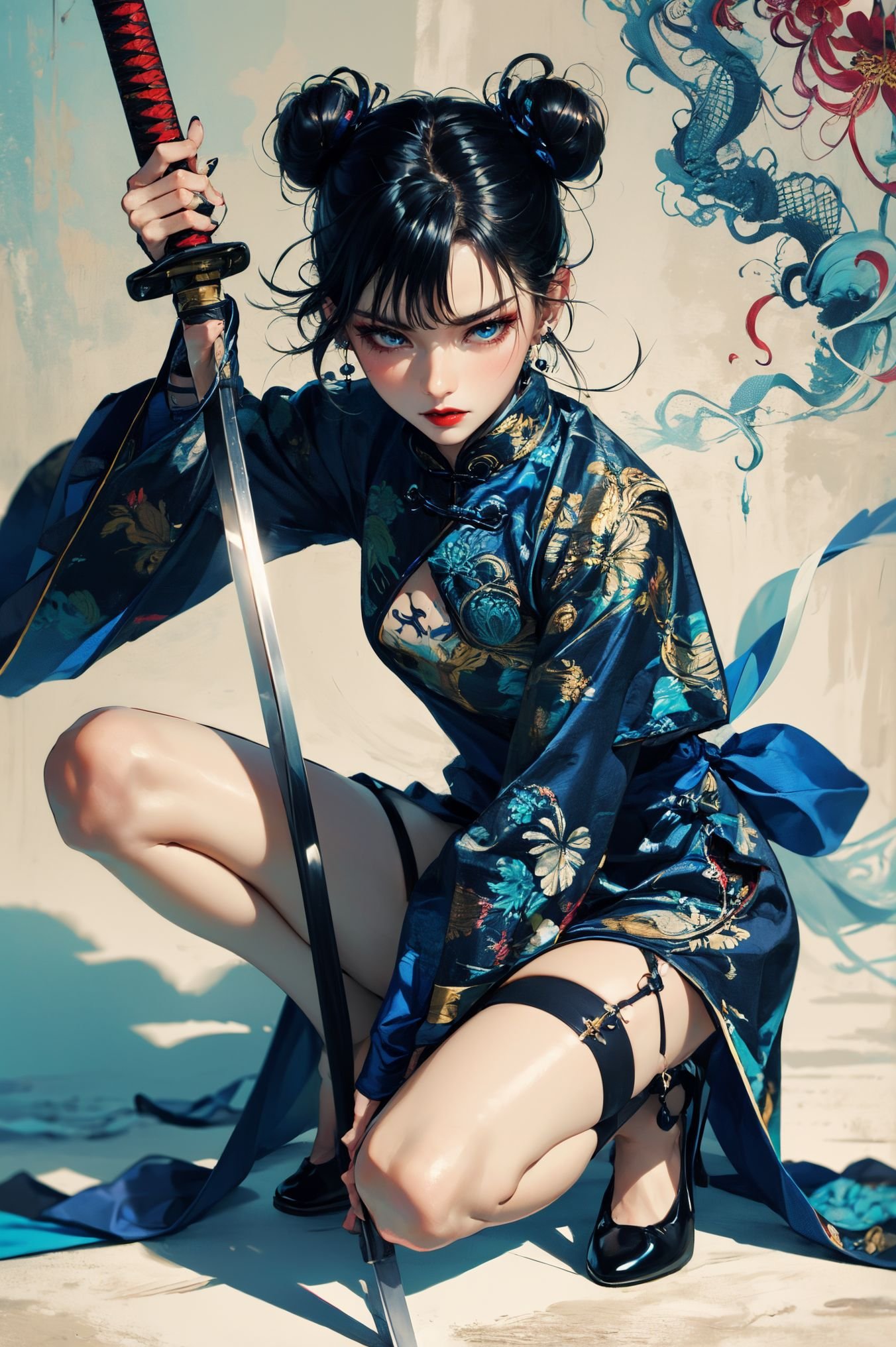 xuer ai yazawa style girl,1girl,solo,black hair,chinese clothes,holding weapon,holding,blue eyes,dress,katana,china dress,squatting,hair bun,thigh strap,looking at viewer,high heels,single hair bun,long sleeves,spider lily,flower,full body,closed mouth,lips,blue dress,sheath,hair ornament,side slit,black footwear,o-ring,fighting stance,jewelry,earrings,disgust,A mature face,sideways glance,(cold attitude,eyeshadow,eyeliner:0.9),(red lips:1.3),watery eyes,<lora:绪儿-武士少女V2 xuer ai yazawa style girl:0.8>,
