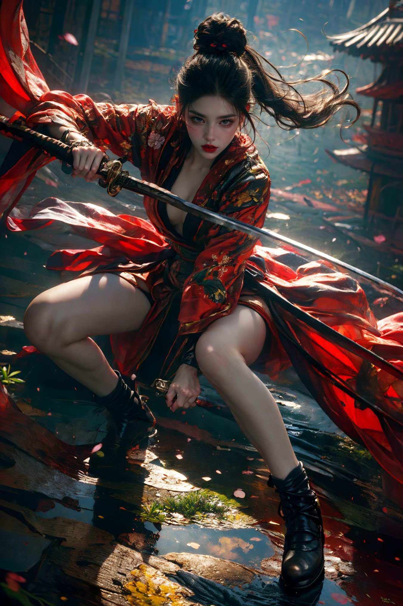 ultra high resolution,((masterpiece))),(((best quality))),((super detailed)),((extremely delicate and beautiful)),(wide shot, wide-angle lens,Panoramic:1.2),super vista,super wide Angle,Low Angle shooting,super wide lens,xuer ai yazawa style girl,1girl,solo,holding weapon,katana,floral print,looking at viewer,fighting stance,(disgust:1.3),(full body:1.4),<lora:绪儿-武士少女V2 xuer ai yazawa style girl:0.8>,