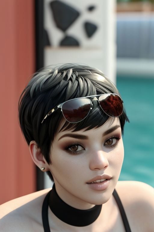 Becca, short hair, black hair, sunglasses on head