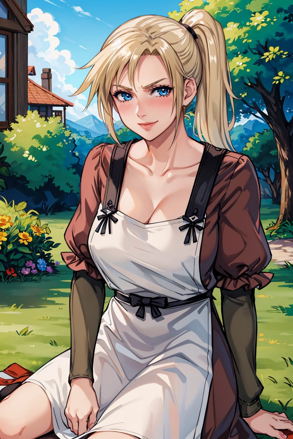 masterpiece, best quality, 1girl, solo <lora:ff7claudia-nvwls-v1-000009:0.8> ff7Claudia, ponytail, brown dress, apron, long sleeves, large breasts, sitting, on ground, cleavage, furrowed brow, smile, blush, looking at viewer, collarbone