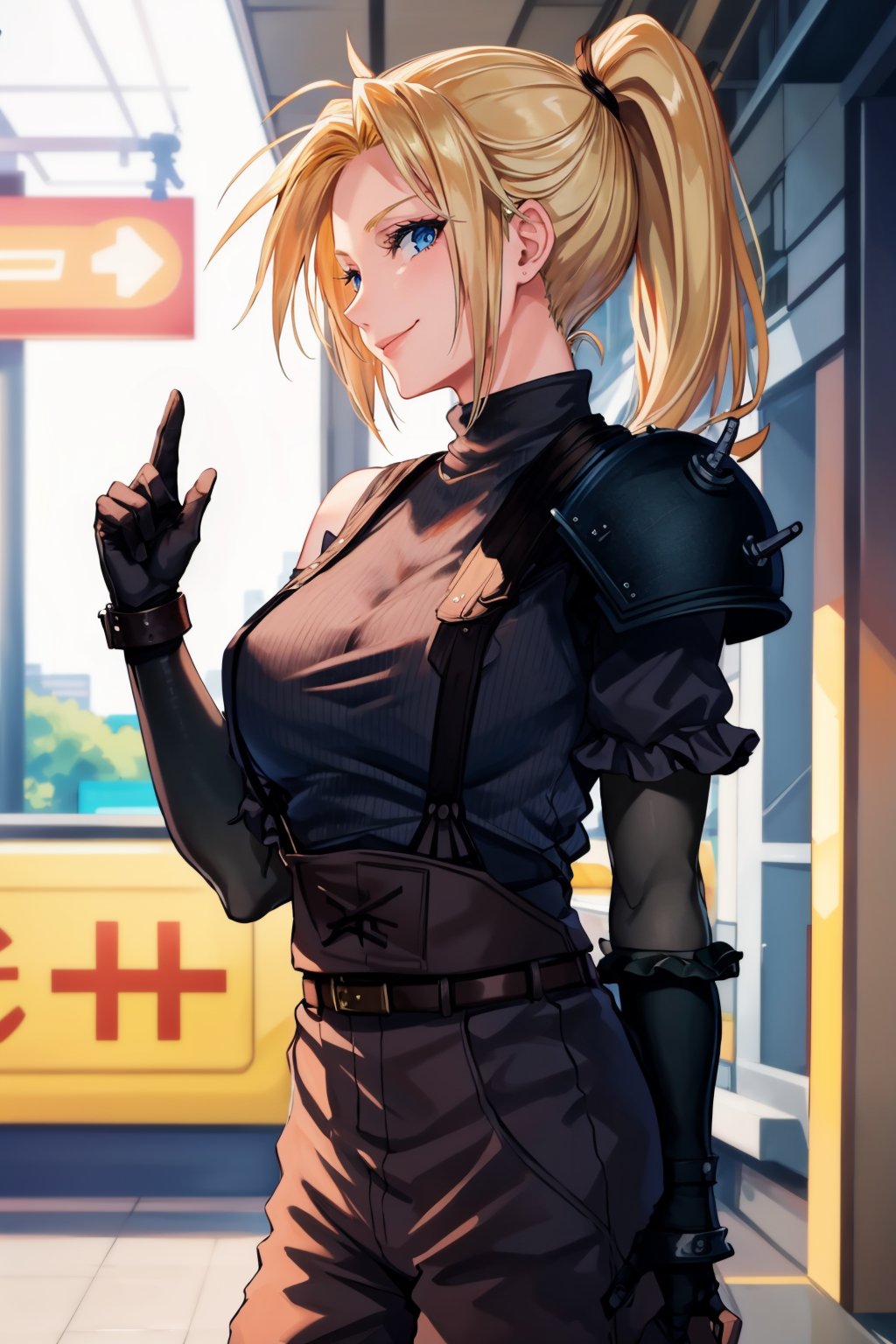 masterpiece, best quality, 1girl, solo <lora:ff7claudia-nvwls-v1-000009:0.8> ff7Claudia, ponytail, train station, large breasts <lora:cloudstrife-nvwls-v1-final:0.8> shoulder armor, sleeveless turtleneck, black sweater, suspenders, belt, baggy pants, gloves, bracer, looking at viewer, wink, smile