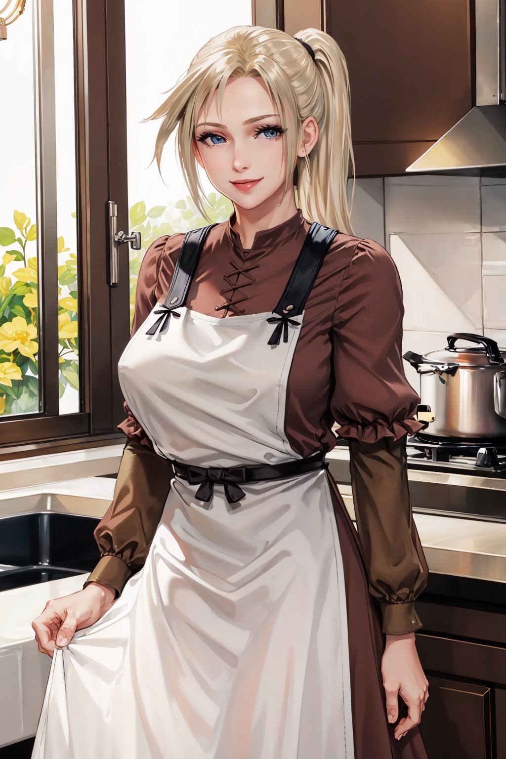 masterpiece, best quality, 1girl, solo <lora:ff7claudia-nvwls-v1-000009:0.9> ff7Claudia, ponytail, brown dress, apron, long sleeves, looking at viewer, kitchen, smile, large breasts