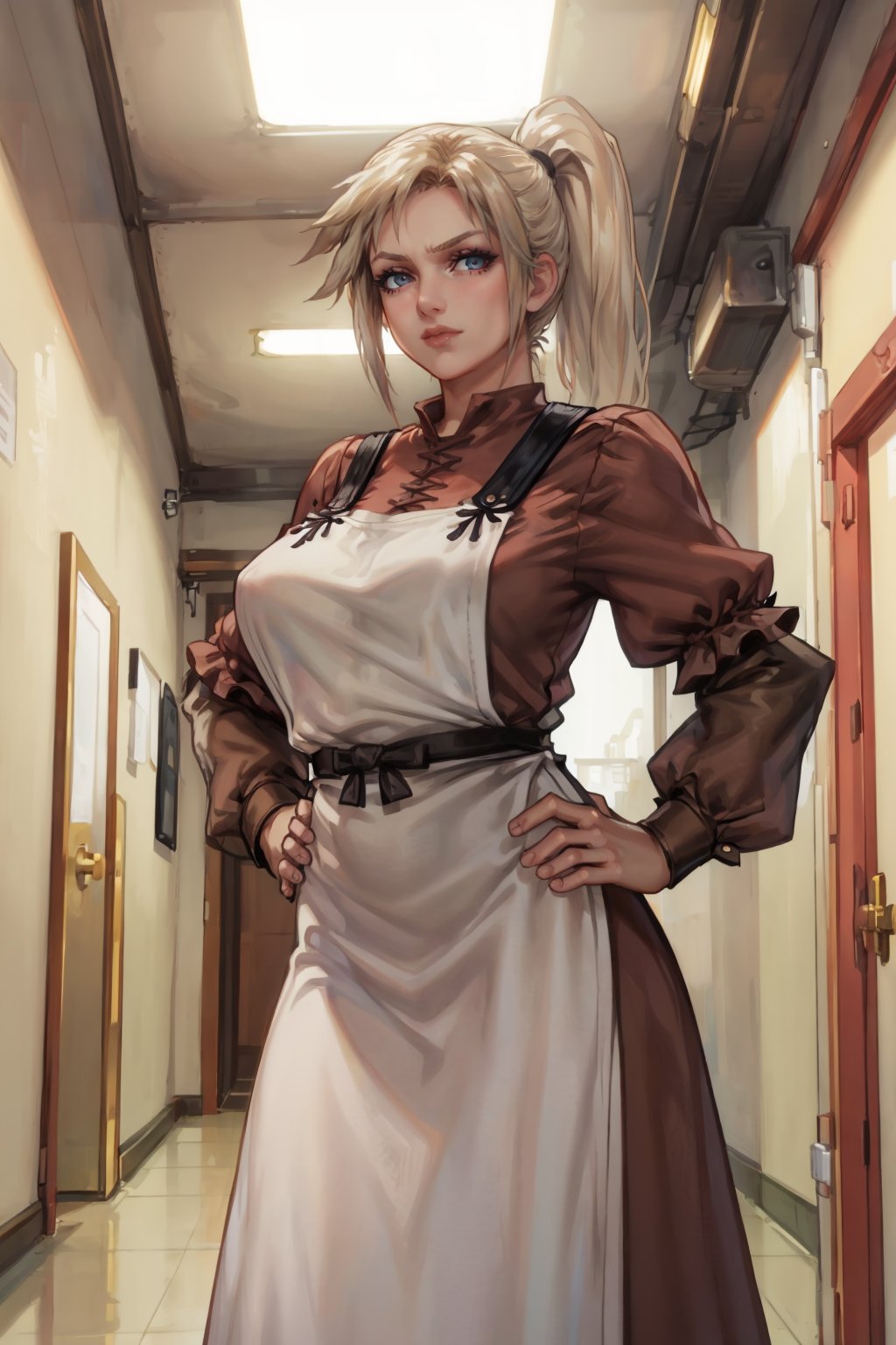 masterpiece, best quality, 1girl, solo <lora:ff7claudia-nvwls-v1-000009:0.8> ff7Claudia, ponytail, brown dress, apron, long sleeves, large breasts, hands on hips, hallway, furrowed brow, looking at viewer, from below