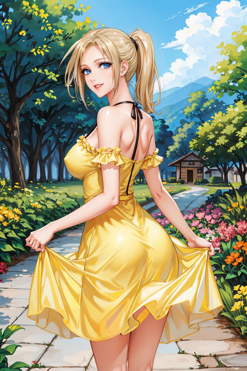 masterpiece, best quality, 1girl, solo <lora:ff7claudia-nvwls-v1-000009:0.8> ff7Claudia, ponytail, yellow sundress, from behind, garden, large breasts, smile, skirt hold, village  <lora:edgChamYellowSundress:0.4> edgYSD,woman wearing a yellow sundress