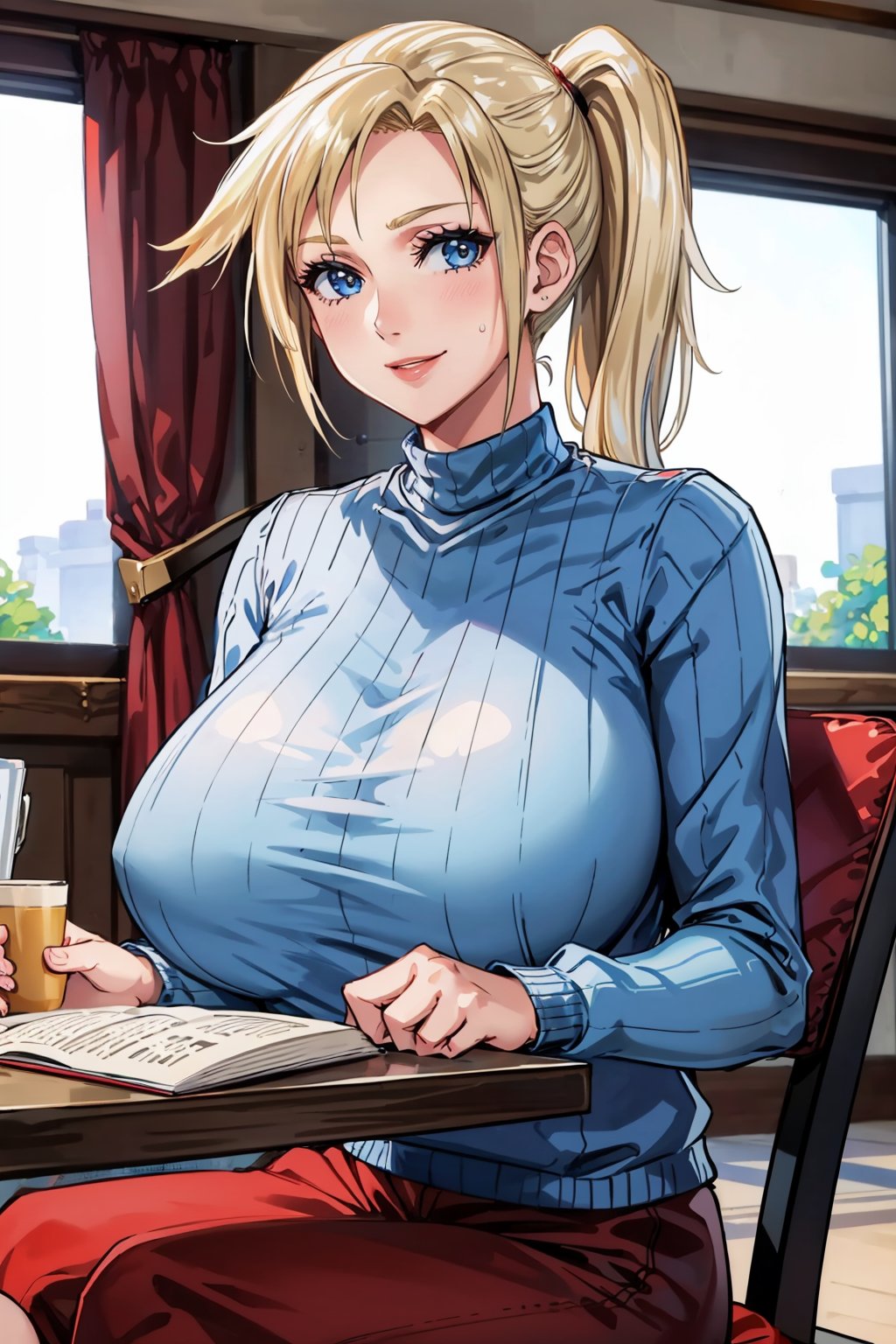 masterpiece, best quality, 1girl, solo <lora:ff7claudia-nvwls-v1-000009:0.8> ff7Claudia, ponytail, turtleneck sweater, light blue sweater, ribbed sweater, huge breasts, sweatpants, sitting, reading book, smile, looking at viewer, table, chair