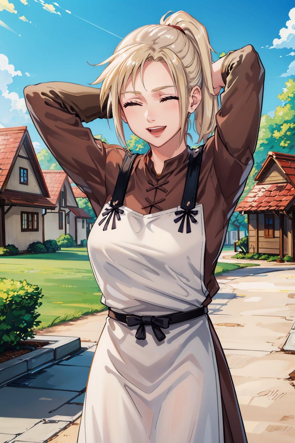 masterpiece, best quality, 1girl, solo <lora:ff7claudia-nvwls-v1-000009:0.9> ff7Claudia, ponytail, brown dress, apron, long sleeves, happy, closed eyes, smile, arms behind head, fixing hair, blue sky, house, village, large breasts