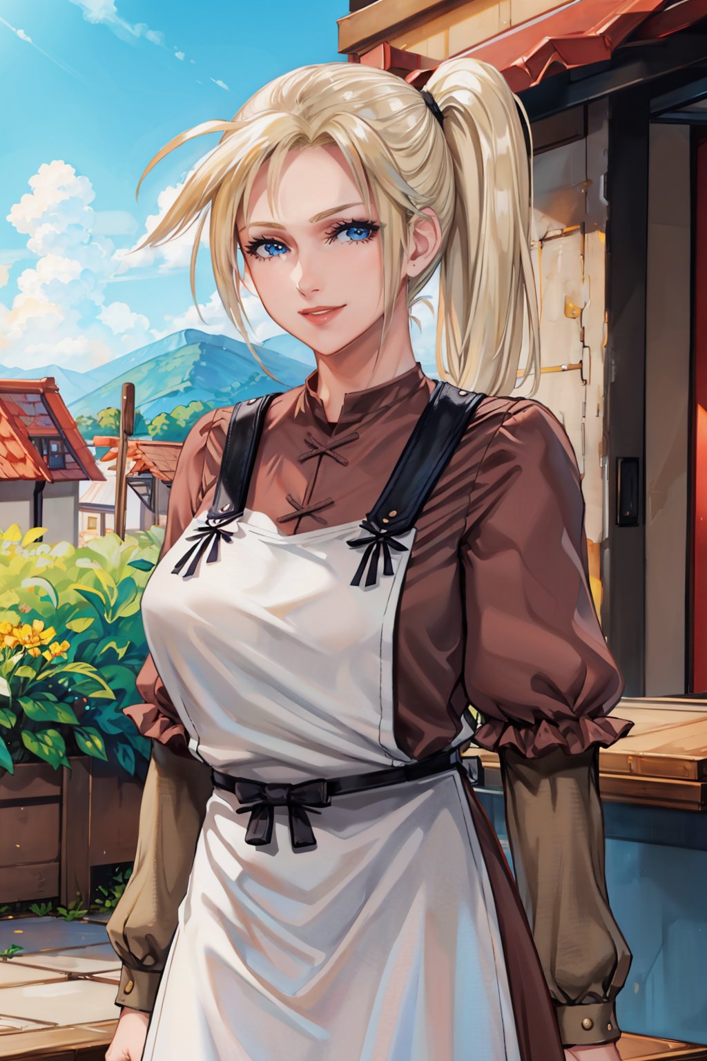 masterpiece, best quality, 1girl, solo <lora:ff7claudia-nvwls-v1-000009:1> ff7Claudia, ponytail, brown dress, apron, long sleeves, looking at viewer, upper body, large breasts, smile, house, blue sky