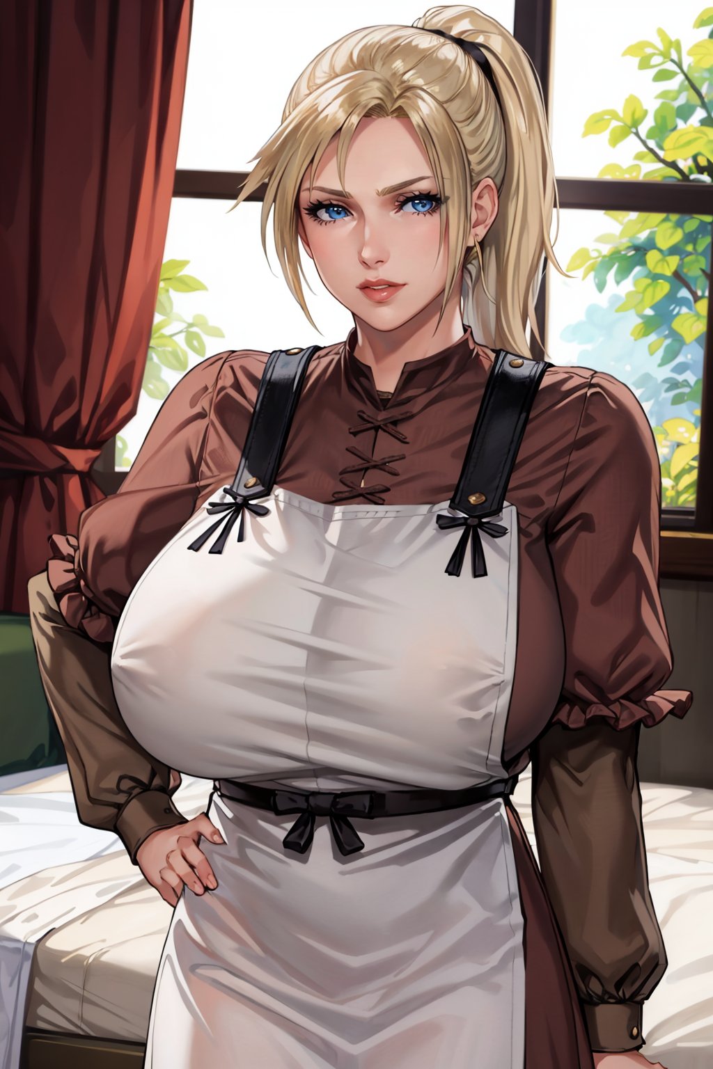 masterpiece, best quality, 1girl, solo <lora:ff7claudia-nvwls-v1-000009:0.8> ff7Claudia, ponytail, brown dress, apron, long sleeves, huge breasts, contrapposto, looking at viewer, lips, bedroom