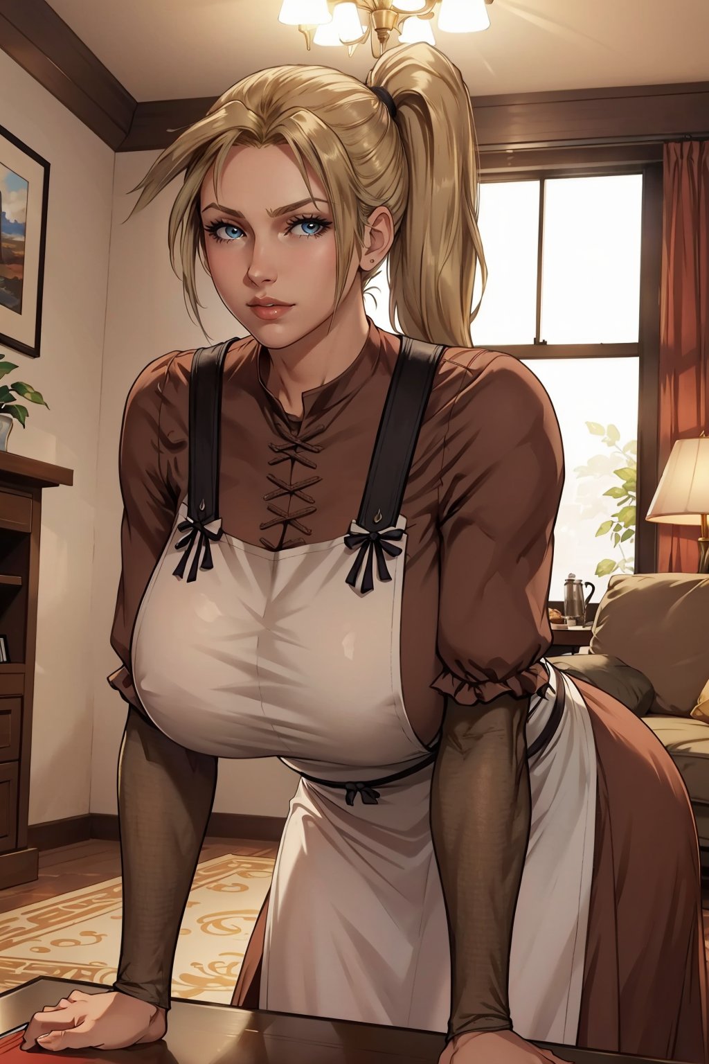 masterpiece, best quality, 1girl, solo <lora:ff7claudia-nvwls-v1-000009:0.8> ff7Claudia, ponytail, brown dress, apron, long sleeves, huge breasts, leaning forward, from below, looking at viewer, indoors, living room