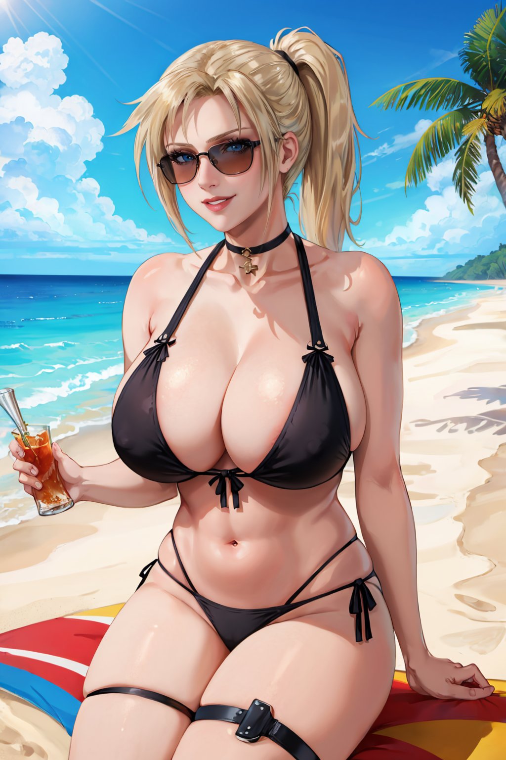 masterpiece, best quality, 1girl, solo <lora:ff7claudia-nvwls-v1-000009:0.8> ff7Claudia, ponytail, large breasts, mature female, black bikini, choker, thigh strap, beach, smile, looking at viewer, sunglasses