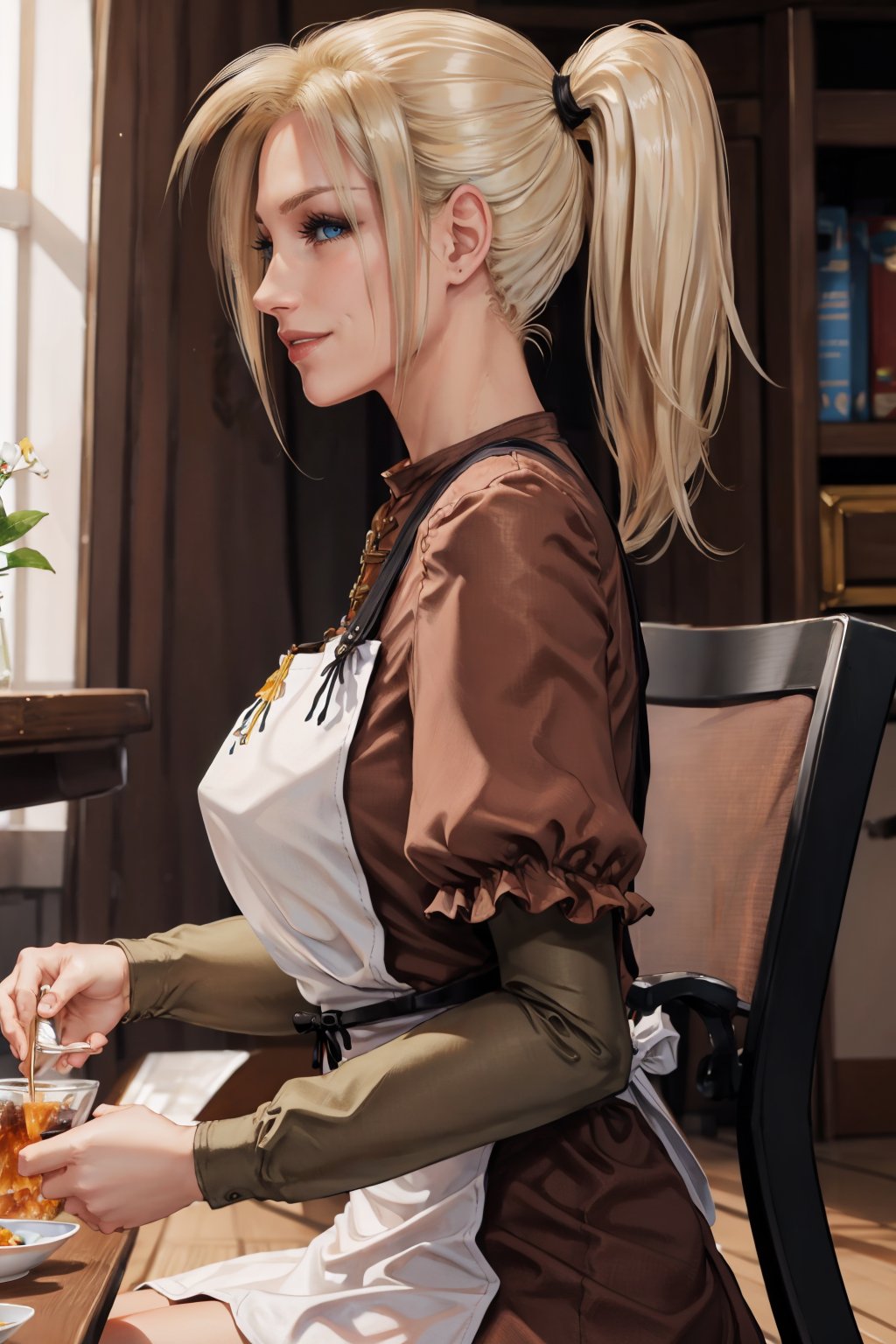masterpiece, best quality, 1girl, solo <lora:ff7claudia-nvwls-v1-000009:0.9> ff7Claudia, ponytail, brown dress, apron, long sleeves, large breasts, profile, looking at viewer, light smile, sitting, chair, table