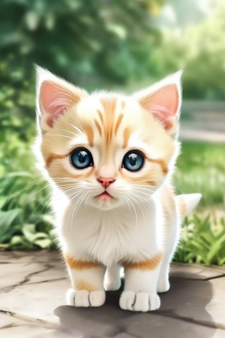 ((anime chibi style)), cute looking kitten with adorable eyes in the park, dynamic angle, depth of field, water color,