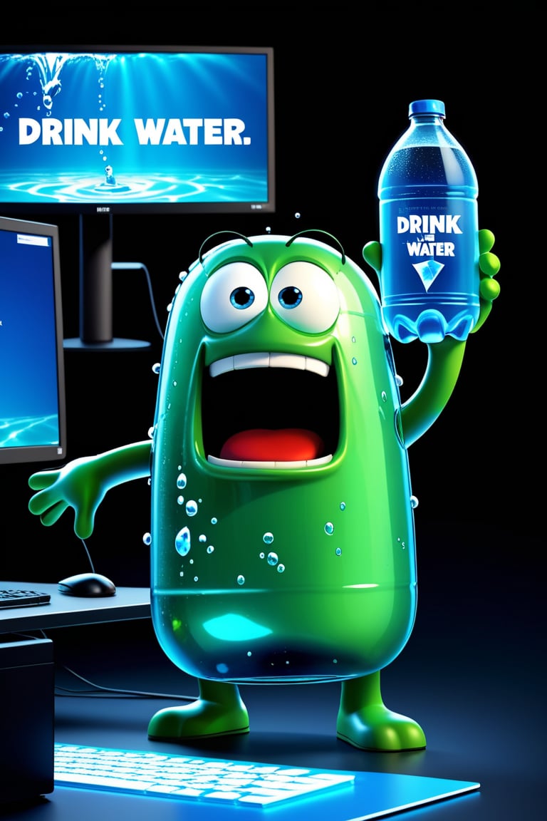 Pixar animation of a bottle of water standing next to gaming computer screen, desperate face, , holding sign (text: drink more water!)