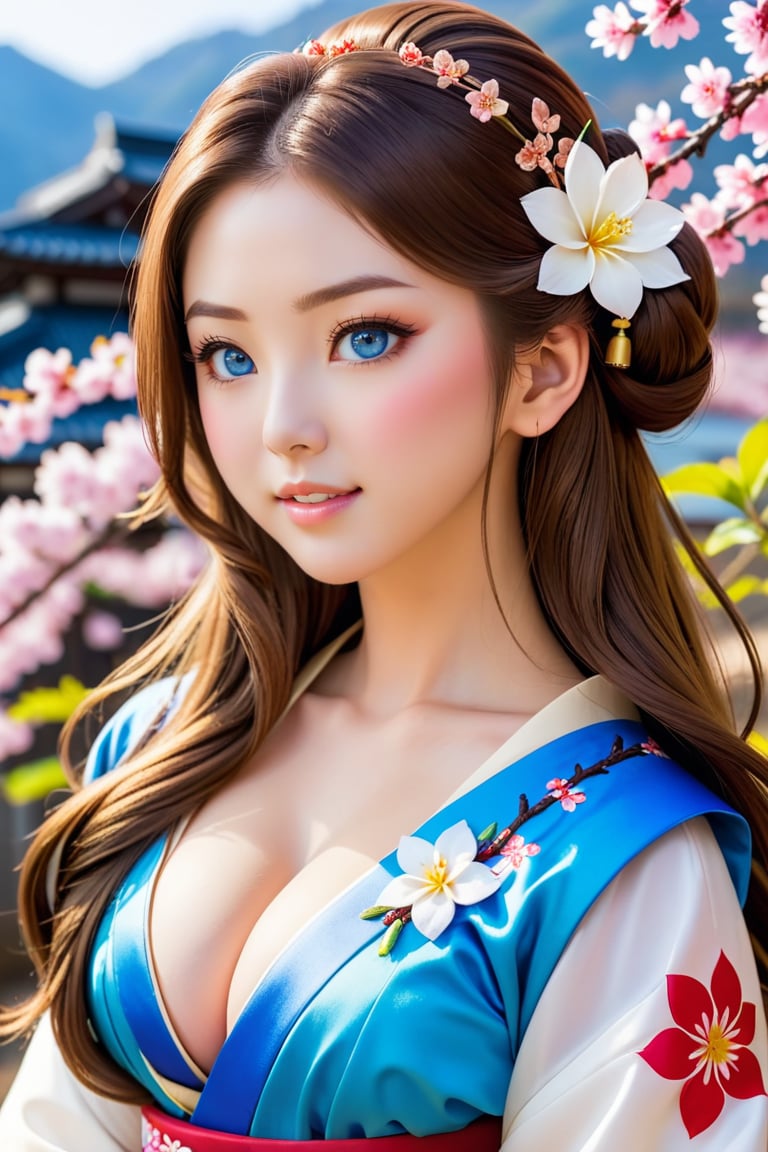 1girl,solo,long hair,breasts,looking at viewer,blue eyes,large breasts,brown hair,hair ornament,cleavage,collarbone,upper body,flower,parted lips,japanese clothes,teeth,hair flower,lips,eyelashes,makeup,realistic,hanbok
