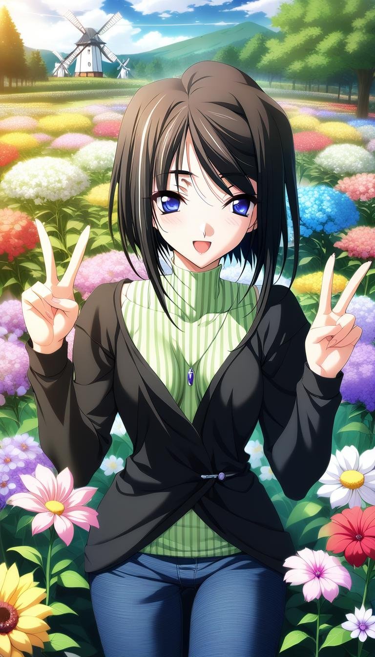 1girl,Mishima Kazuki,green vertical striped turtleneck,black jacket,purple gem necklace,lock button on the clothe,jeans,masterpiece,best quality,solo,game cg,(illustration:1.2),(extremely fine and beautiful),(perfect details),(unity CG 8K wallpaper:1.05),(ray tracing),(beautiful and clear background:1.25),(depth of field:0.6),(detailed beautiful eyes:1.2),(beautiful face:1.2),(in Flower garden, colorful flower garden,landscape of flowers:1.5),( blue sky, cumulonimbus),(windmill:1.3),(wooden bench:1.2),(many flowers are blooming:1.3),smile,open mouth,double v, <lora:MishimaKazukiXL:1>,