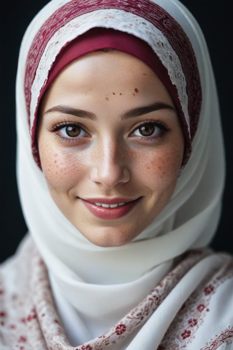 Beautiful lady, (freckles), smile, ruby eyes, hijab, dark makeup, hyperdetailed photography, soft light, head and shoulders portrait, cover
