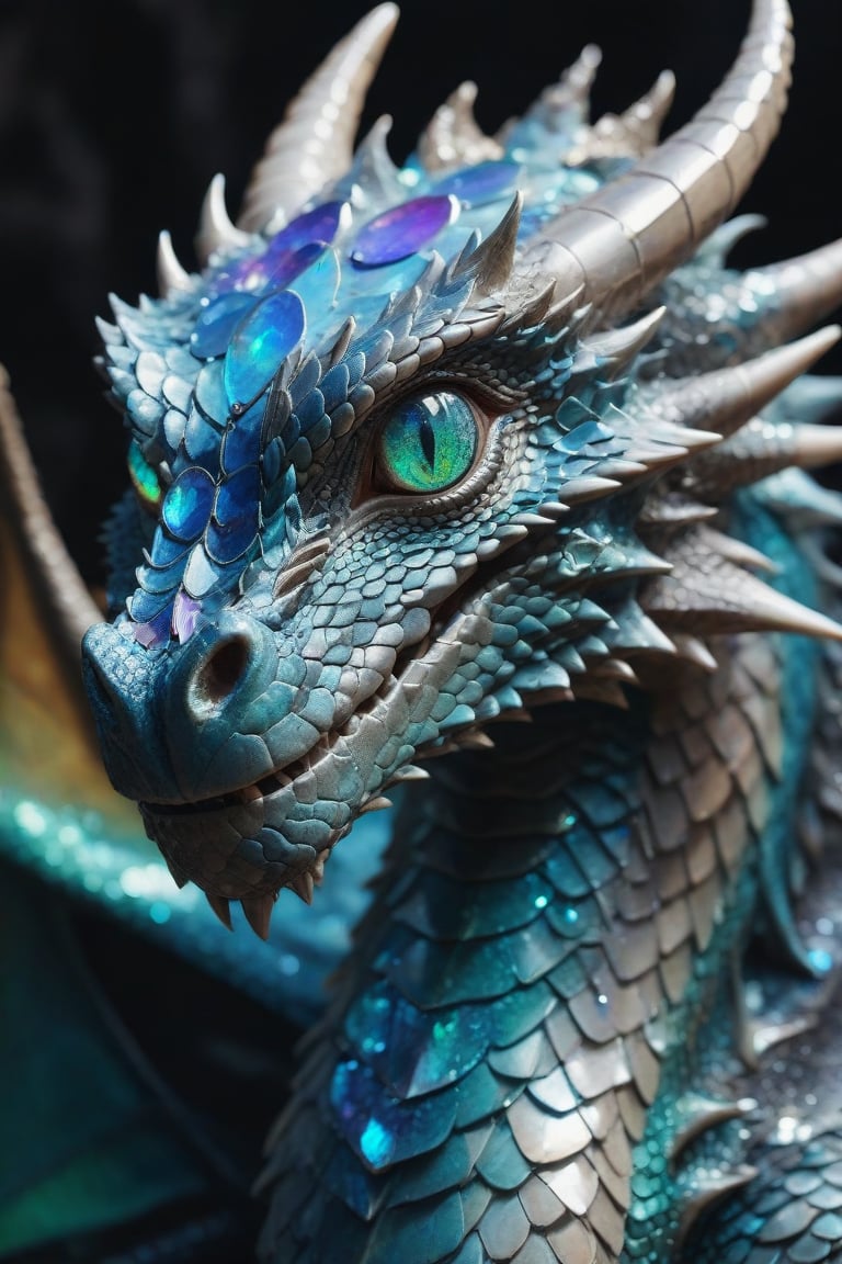 A beautiful portrait photograph of a dragon with diamond and gemstone scales, opal eyes, cinematic, gem, diamond, crystal, fantasy art, hyperdetailed photograph, shiny scales, 8k resolution,