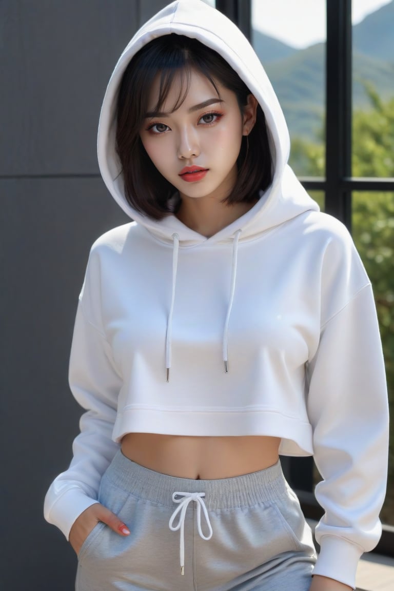 1 girl, beautiful Korean girl, (Cute Loose Bob hair), (wearing a cropped hoodie, capri sweatpants, high hills:1.5), (red lips), (small breasts), (toned stomach), (eyelashes:1.2), (aegyo sal:1.2), beautiful detailed eyes, symmetrical eyes, (detailed face), dramatic lighting, (photorealism:1.5), (photorealistic:1.4), (8k, RAW photo, masterpiece), High detail RAW color photo, professional photo, realistic, (highest quality), (best shadow), (best illustration), ultra high resolution, highly detailed CG unified 8K wallpapers, physics-based rendering, photo, realistic, realism, high contrast, hyperrealism, photography, f1.6 lens, rich colors, hyper-realistic lifelike texture, 