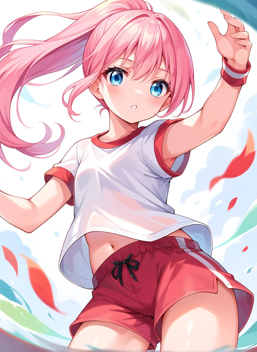 score_9, score_8_up, score_7_up, source_anime, 1girl, pink hair, blue eyes, ponytail, gym clothes, red shorts, wind