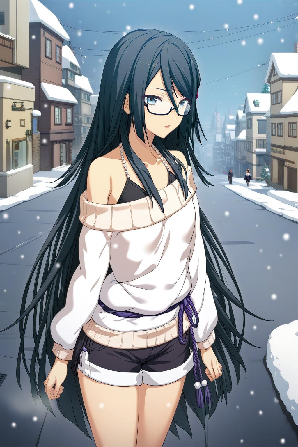 1girl,Himuraki Mizuha,white sweater,black shorts,purple ribbon belt,jewelry halterneck,semi-rimless eyewear,masterpiece,best quality,solo,game cg,(illustration:1.2),(extremely fine and beautiful),(perfect details),(unity CG 8K wallpaper:1.05),(ray tracing),(beautiful and clear background:1.25),(depth of field:0.6),(detailed beautiful eyes:1.2),(beautiful face:1.2),<lora:HimurakiMizuhaXL:1>,(town, snow, snow city, snowing:1.5),(residential area, street corner:1.3),(outdoors),