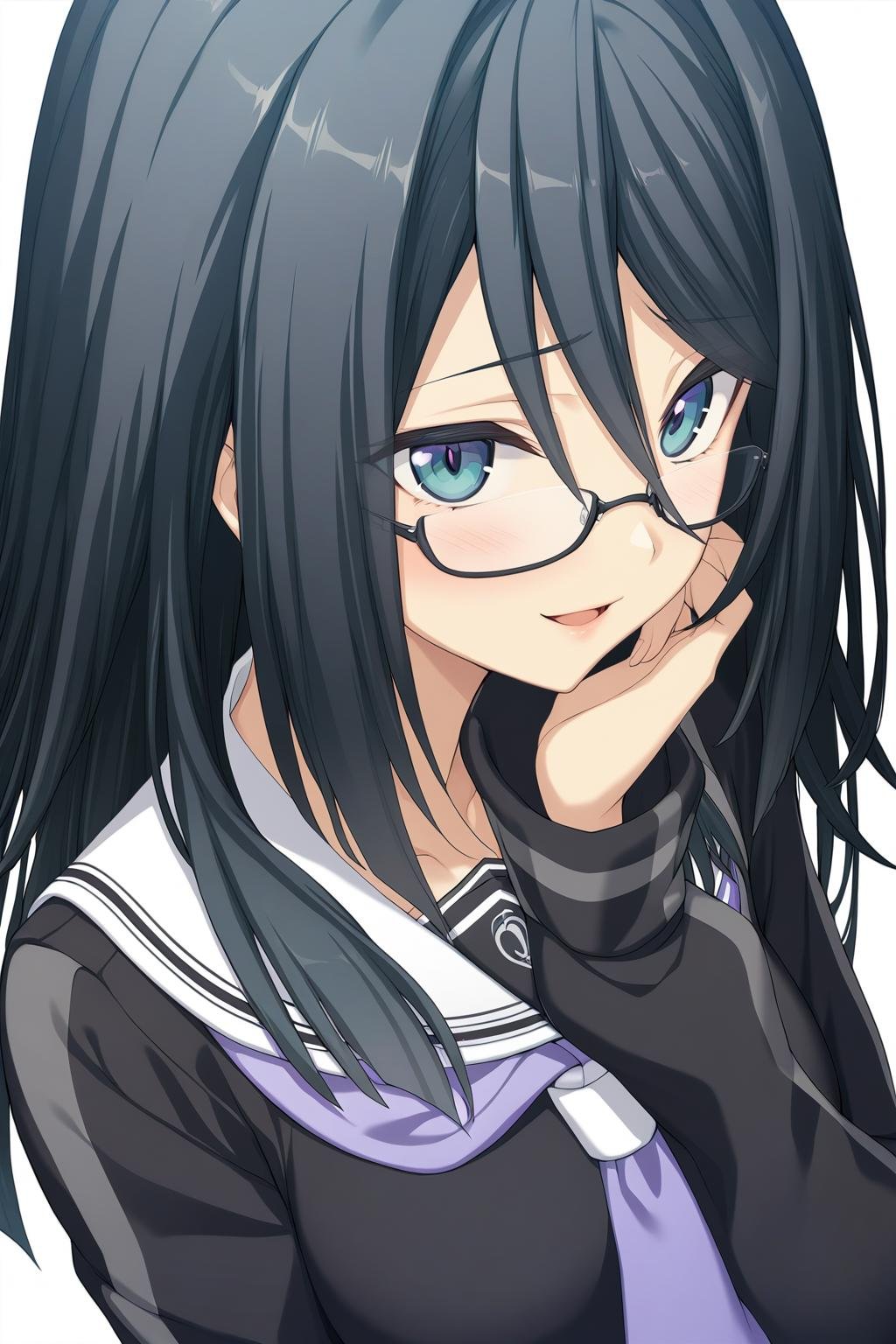 1girl,Himuraki Mizuha,school uniform,black long sleeve shirt,gray lines on the sleeves,gray lines on the skirt,purple tie is decorated with two white stripes,masterpiece,best quality,solo,game cg,(detailed beautiful eyes:1.2),(beautiful face:1.2),<lora:HimurakiMizuhaXL:1>,simple background,(white background:1.35),upper body,looking at viewer,smile,blush,open mouth,hand up, 