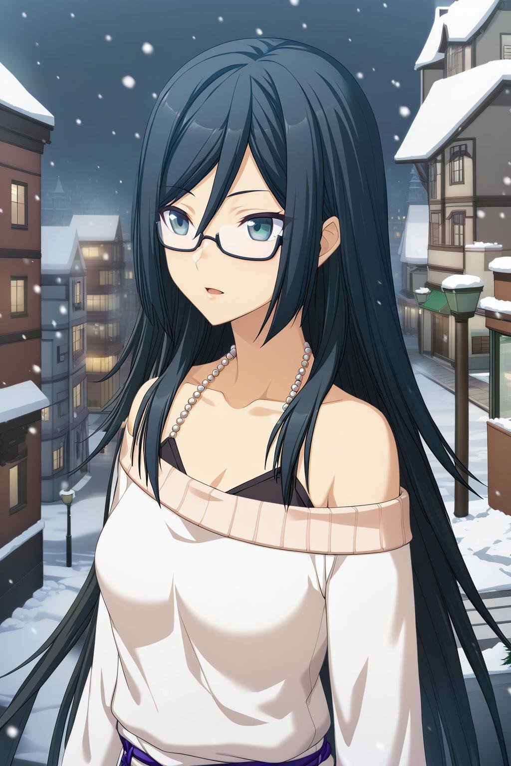 1girl,Himuraki Mizuha,white sweater,black bra under the sweater,black shorts,purple ribbon belt,jewelry halterneck,semi-rimless eyewear,masterpiece,best quality,solo,game cg,(illustration:1.2),(extremely fine and beautiful),(perfect details),(unity CG 8K wallpaper:1.05),(ray tracing),(beautiful and clear background:1.25),(depth of field:0.6),(detailed beautiful eyes:1.2),(beautiful face:1.2),<lora:HimurakiMizuhaXL:1>,(town, snow, snow city, snowing:1.5),(residential area, street corner:1.3),(outdoors),upper body,