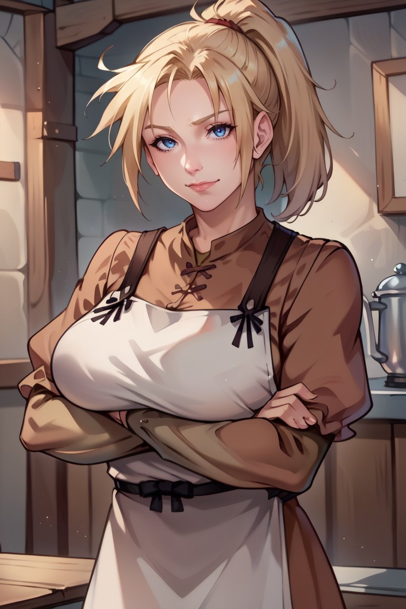 score_9, score_8_up, score_7_up, score_6_up, source_anime, BREAK 1girl <lora:ff7claudia-pdxl-nvwls-v1-000007:1> ff7claudia, blonde hair, ponytail, brown dress, long sleeves, apron, looking at you, huge breasts, happy, closed mouth, crossed arms, head tilt