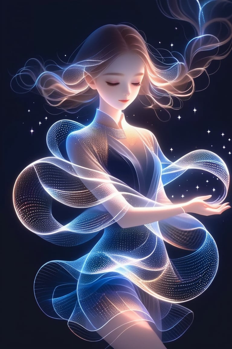 1girl minimalist hologram, long hair glowing, line glowing surrounds the body on a simple background,minimalist hologram