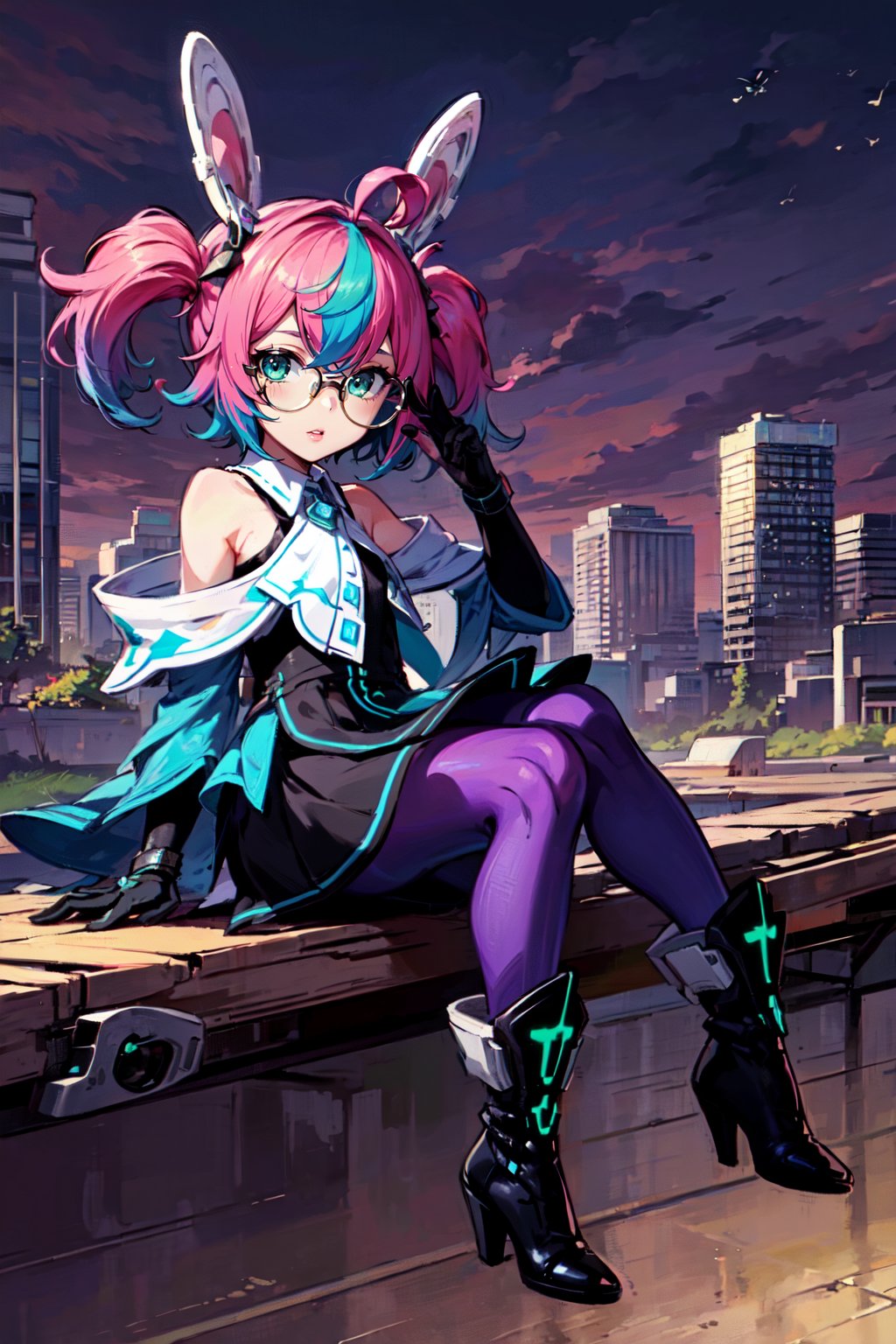 1girl, (masterpiece, top quality, best quality, beautiful and aesthetic), extremely detailed, hyper realistic, (Cinematic:0.4), (Dark and intense:1.2), cowboy shot, detailed face, (, short_hair, multicolor_hair, pink_hair, green_hair, blue_hair, twintails, bangs, streaked_hair, hair_between_eyes,),  (dress, detached_sleeves, elbow_gloves, gradient gloves, bare_shoulders), ((purple pantyhose, blue pantyhose)),( round_glasses, big glasses, headgear), little girl, ( green eyes), foggy, eerie, haloween style,
,More Detail, gloves,perfect light, TechTensai,full body, scifi, sitting on flying mechanical crescent, fake animal ears, mechanical ears, full body portrait, sky, building, cyber city, scifi theme, high heels boots, 