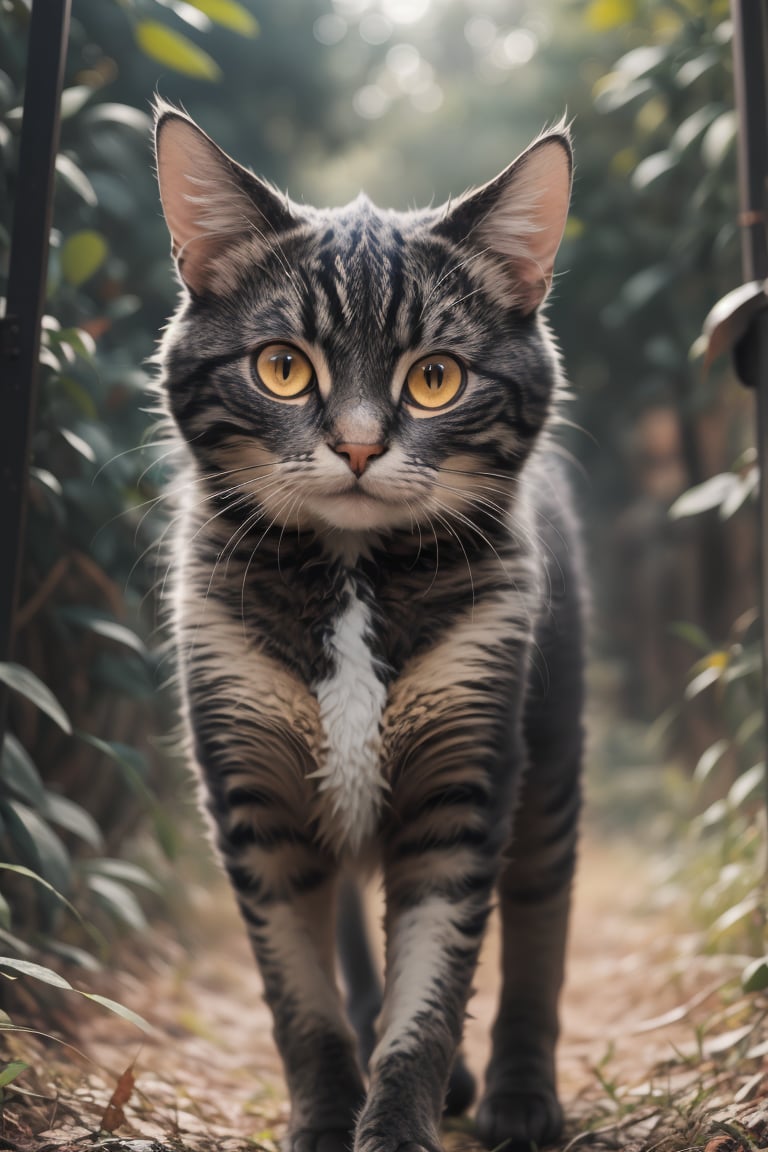 walking, looking at viewer, yellow eyes, blurry, no humans, blurry background, animal, cat, realistic, animal focus, whiskers, @imageized