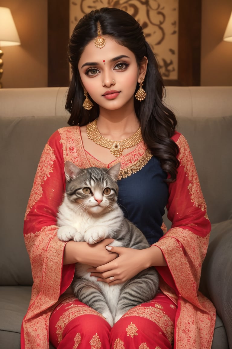 portrait of a girl name atika, full body in frame, round face, Indian bengali girl, Instagram influencer, black long hair, glossy juicy lips,blue eyes cute, kurti, 18-year-old girl, wearing casual clothes, on the couch at home, cuddling with super cute kitten, very innocent kitten in her hands